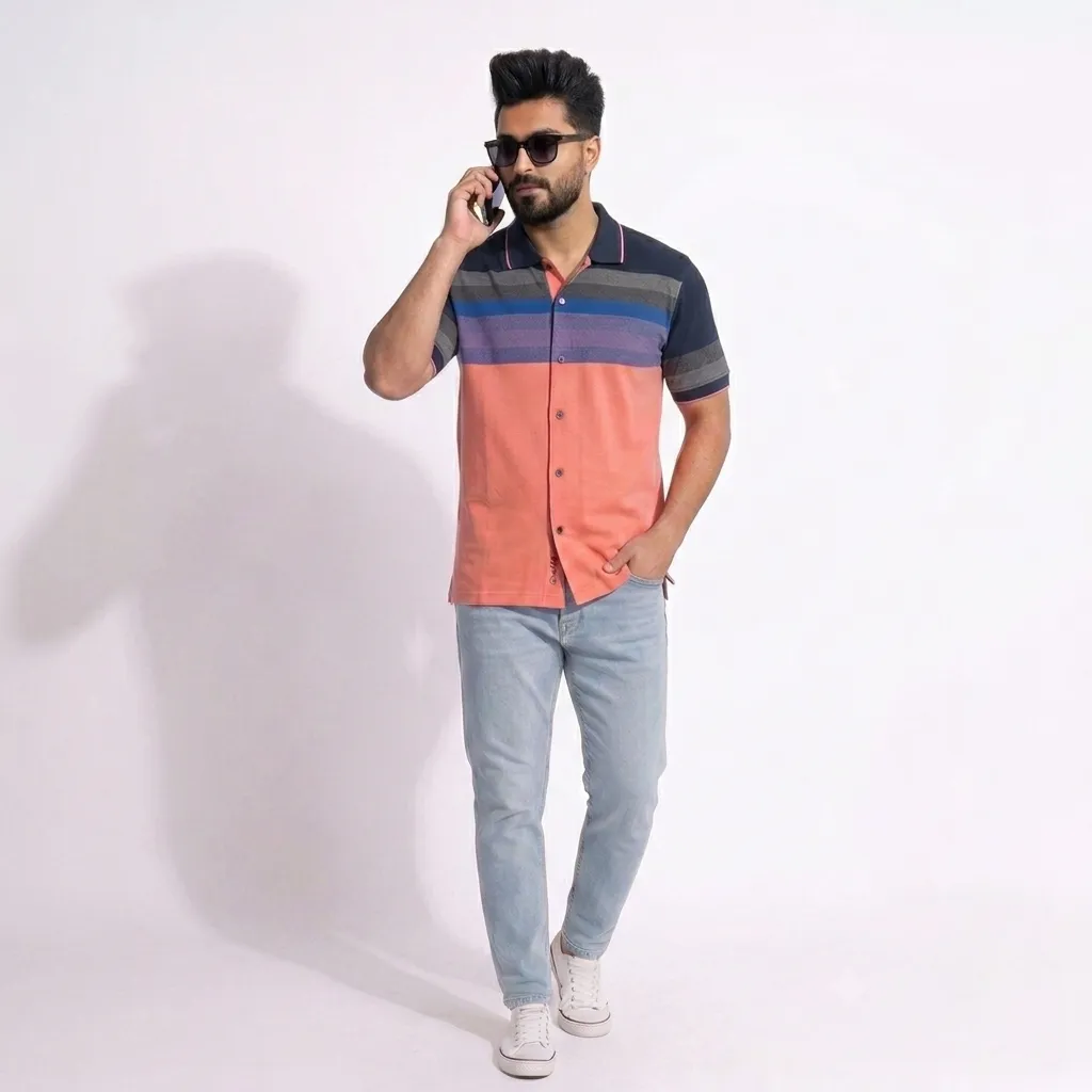 پیراهن مردانه آستین کوتاه راه راه مدل Sunset Blue | فروشگاه آنلاین بوتیکی